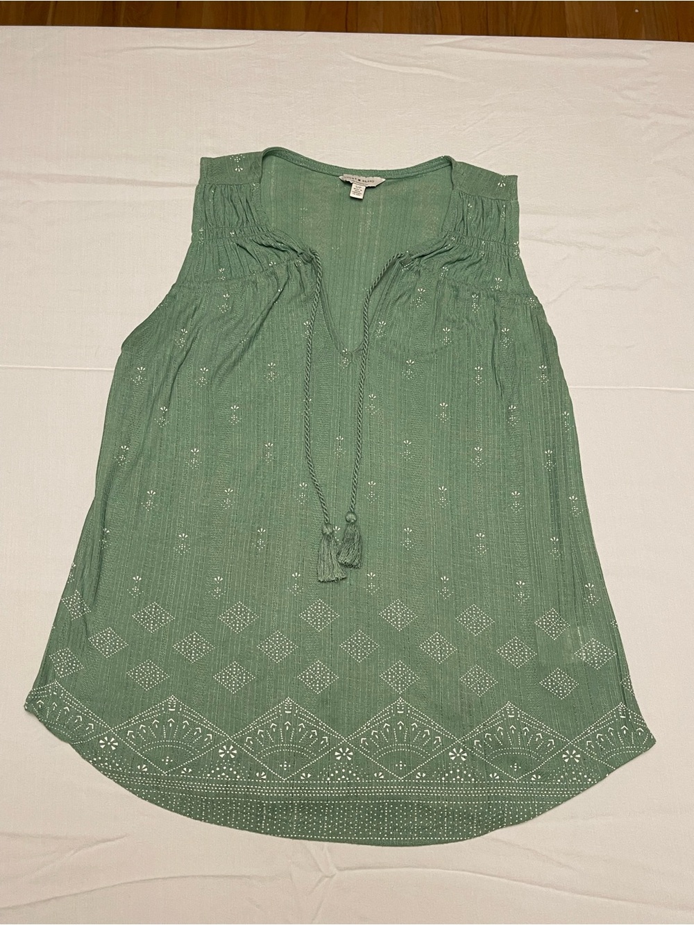 Boho Chic Sage Green Embroidered Tassel V-Neck Peasant Style Romantic Blouse
